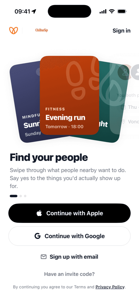 Bond's welcome screen: Find your people, with activity cards